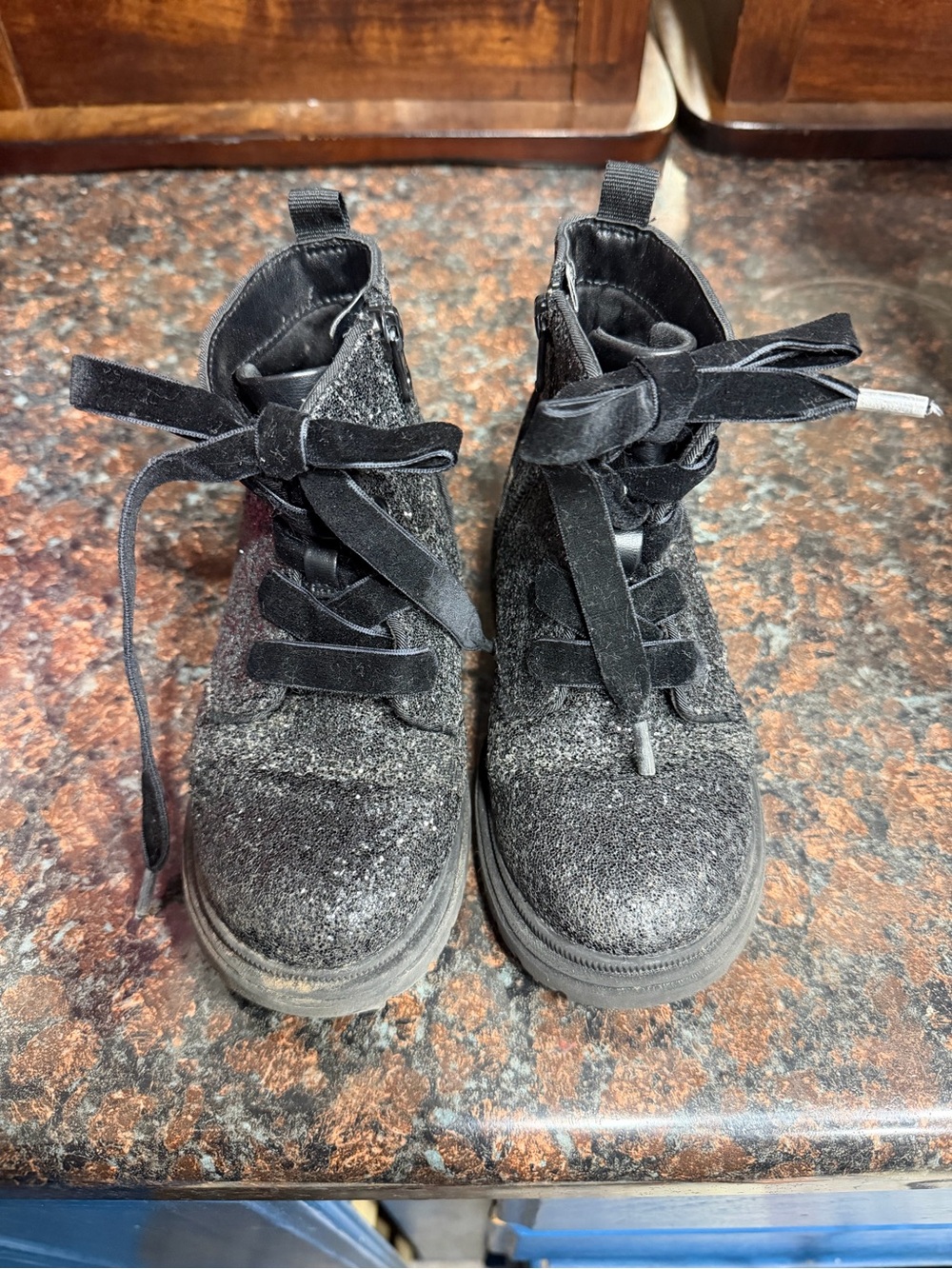 Cat & Jack Black Glitter Velvet Lace-Up Ankle Boots